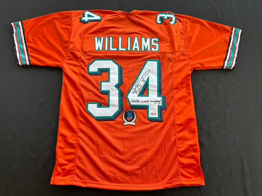 RICKY WILLIAMS ORANGE FOOTBALL JERSEY Miami Dolphins w/"Smoke Weed Everyday" BAS