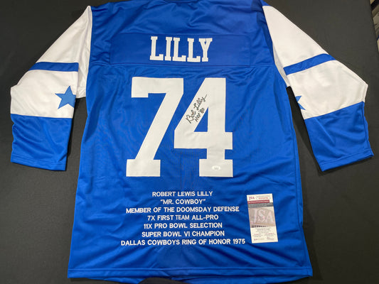 BOB LILLY DALLAS COWBOYS SIGNED SEWN THROWBACK FOOTBALL STAT JERSEY JSA