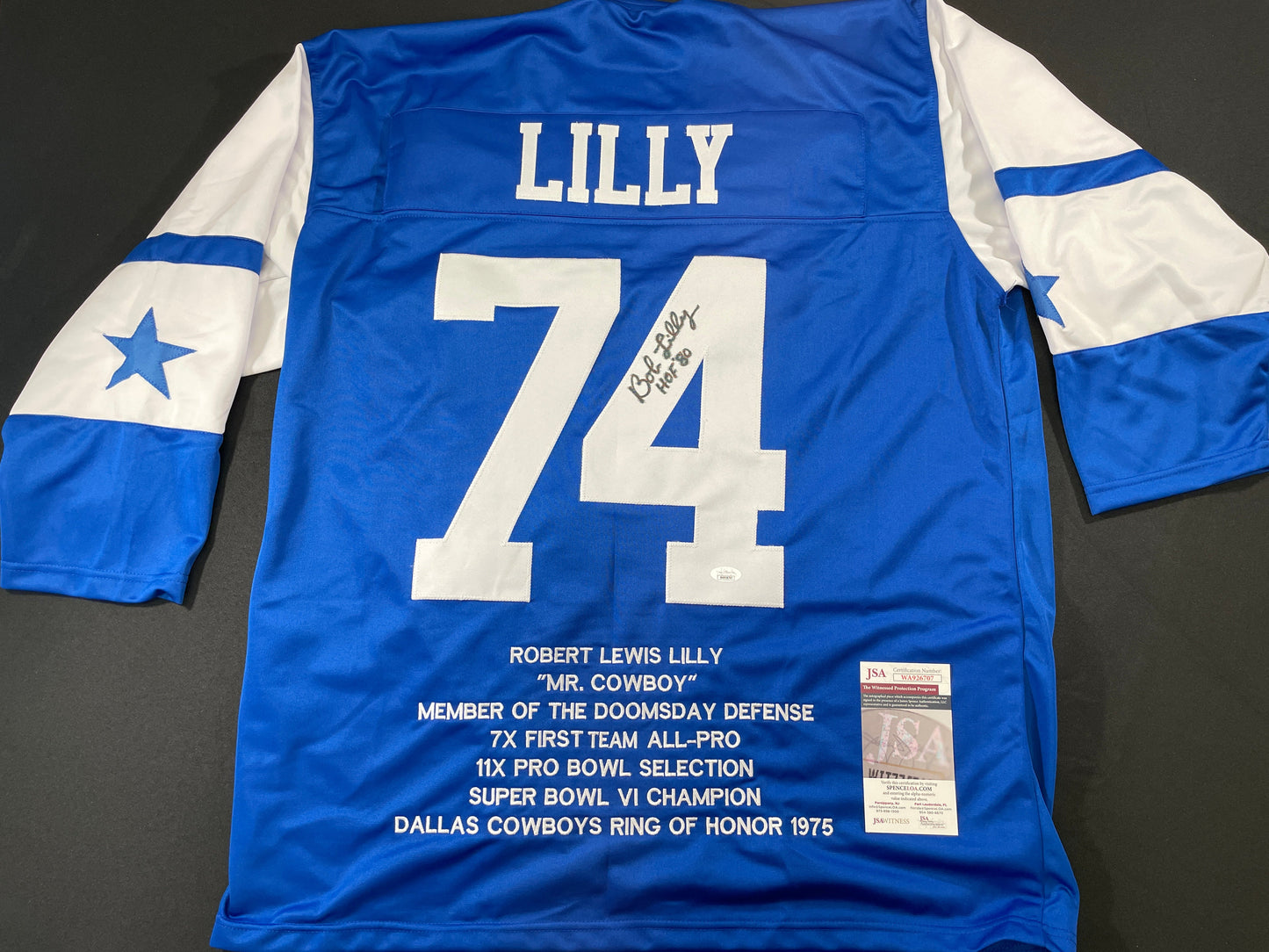 BOB LILLY DALLAS COWBOYS SIGNED SEWN THROWBACK FOOTBALL STAT JERSEY JSA