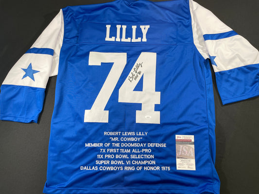 BOB LILLY DALLAS COWBOYS SIGNED SEWN THROWBACK FOOTBALL STAT JERSEY JSA