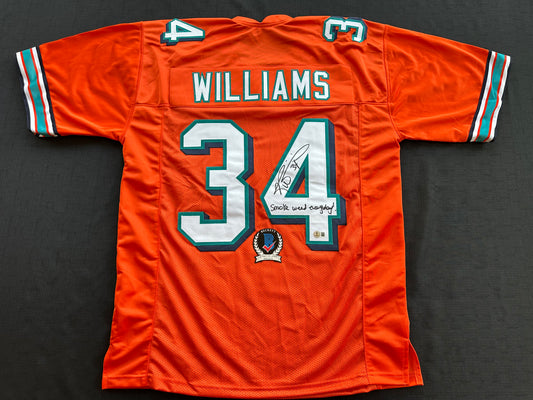 RICKY WILLIAMS ORANGE FOOTBALL JERSEY Miami Dolphins w/"Smoke Weed Everyday" BAS