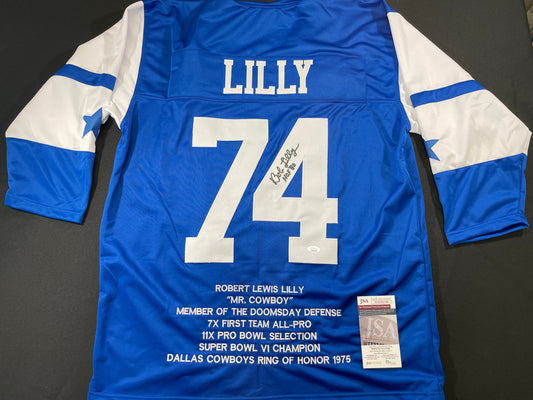 BOB LILLY DALLAS COWBOYS SIGNED SEWN THROWBACK FOOTBALL STAT JERSEY JSA