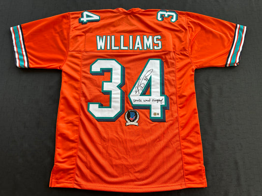 RICKY WILLIAMS ORANGE FOOTBALL JERSEY Miami Dolphins w/"Smoke Weed Everyday" BAS