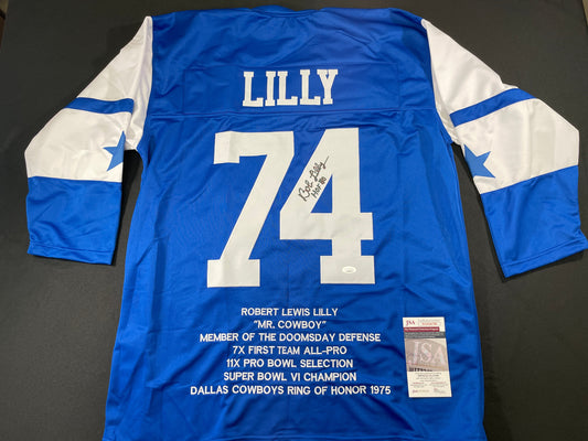 BOB LILLY DALLAS COWBOYS SIGNED SEWN THROWBACK FOOTBALL STAT JERSEY JSA