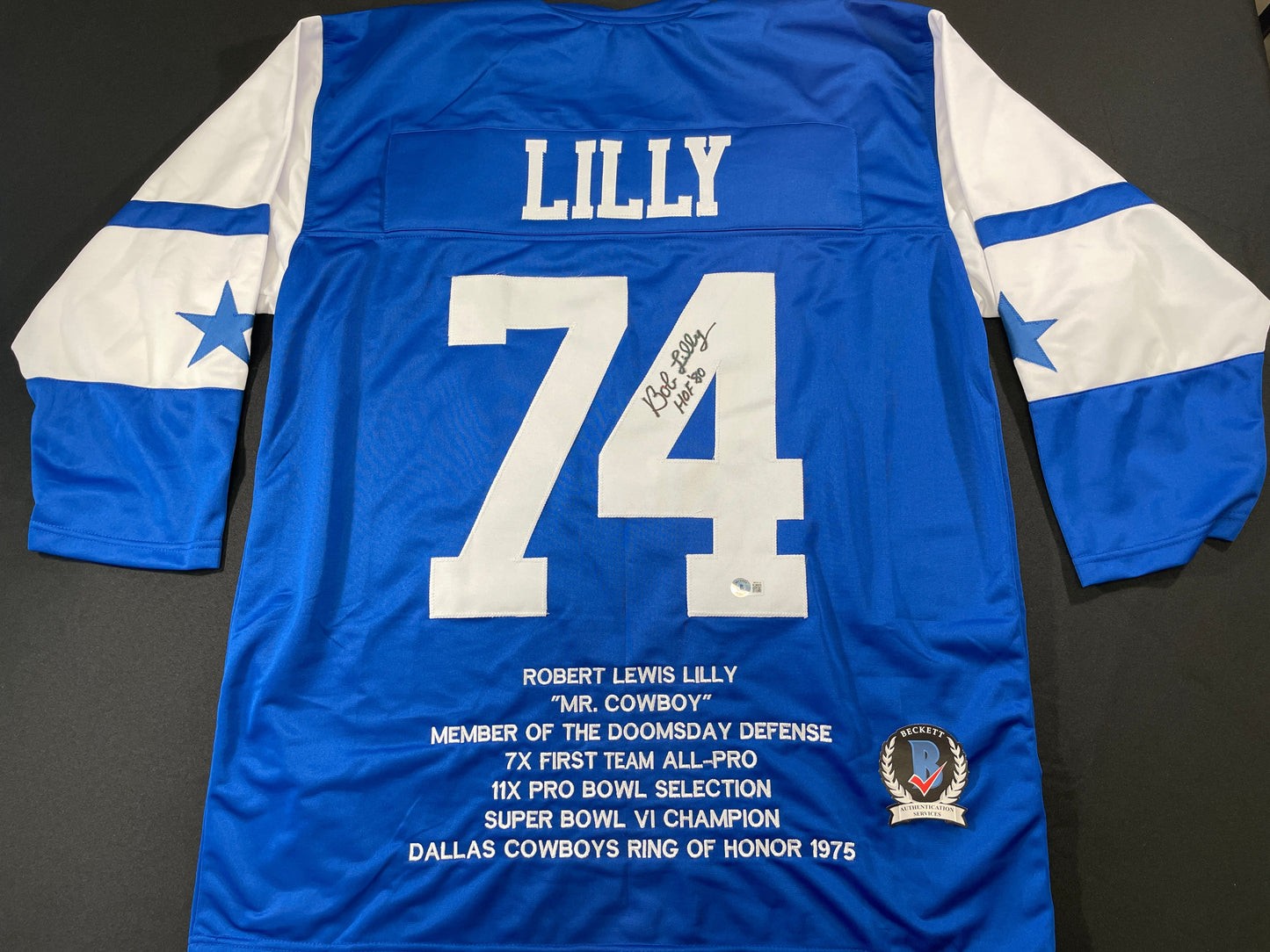 BOB LILLY DALLAS COWBOYS SIGNED SEWN THROWBACK FOOTBALL STAT JERSEY BGS
