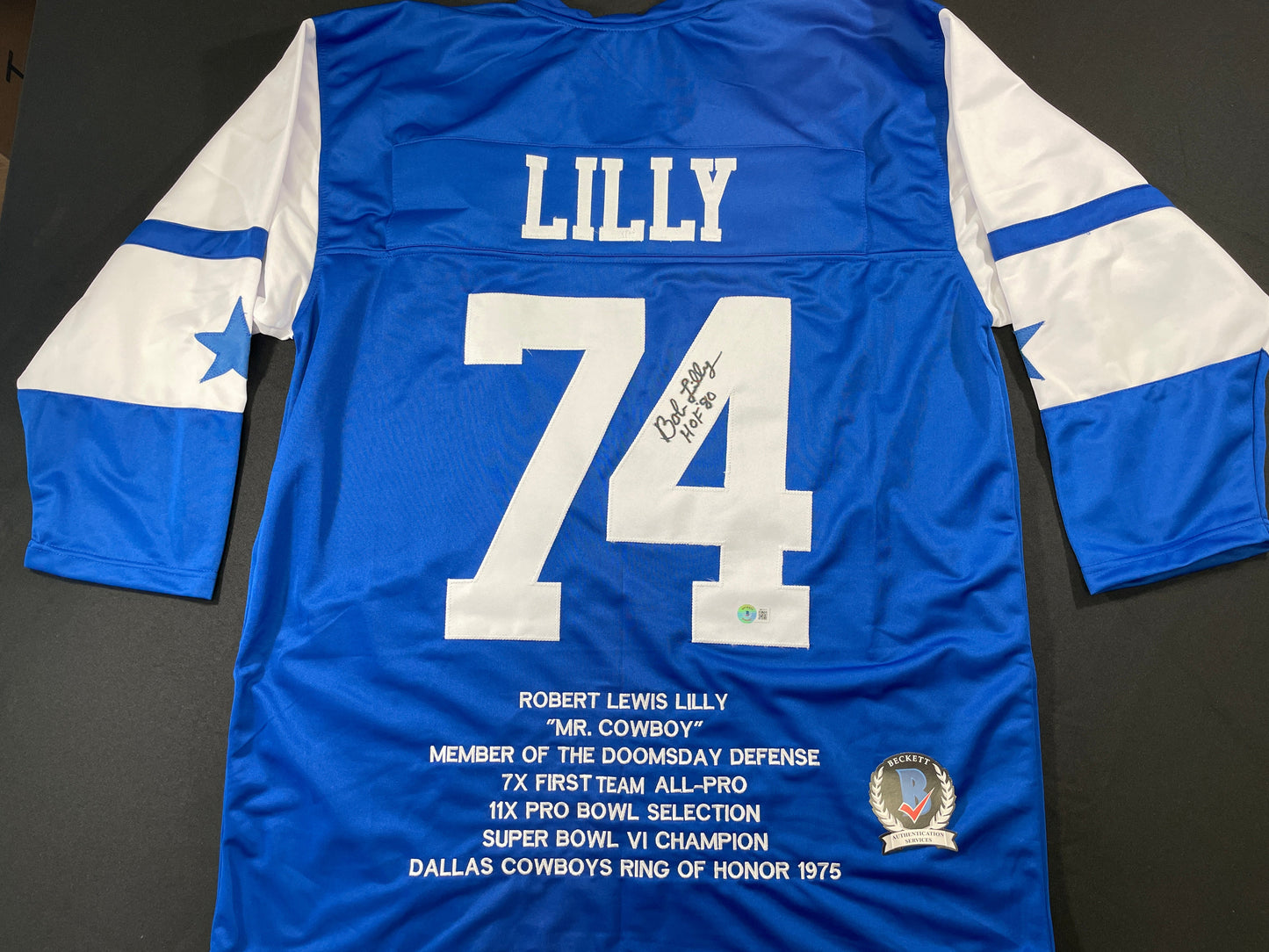 BOB LILLY DALLAS COWBOYS SIGNED SEWN THROWBACK FOOTBALL STAT JERSEY BGS