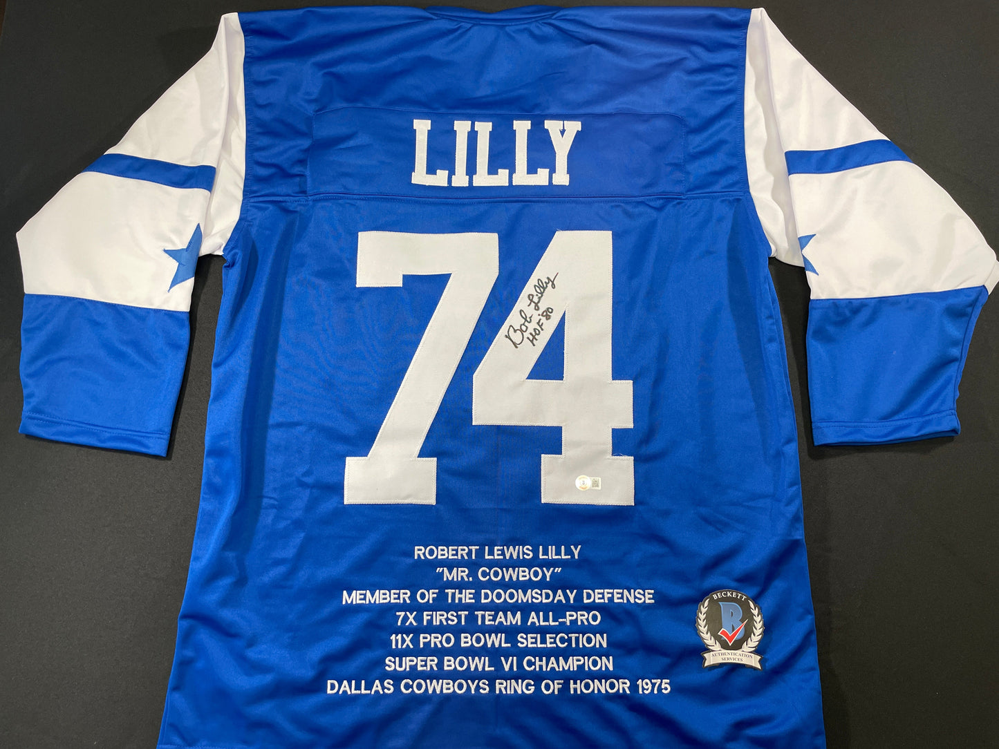 BOB LILLY DALLAS COWBOYS SIGNED SEWN THROWBACK FOOTBALL STAT JERSEY BGS