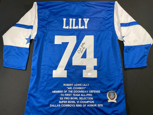 BOB LILLY DALLAS COWBOYS SIGNED SEWN THROWBACK FOOTBALL STAT JERSEY BGS