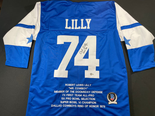 BOB LILLY DALLAS COWBOYS SIGNED SEWN THROWBACK FOOTBALL STAT JERSEY BGS
