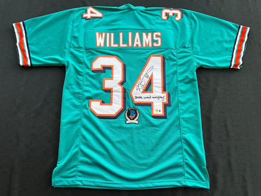 RICKY WILLIAMS SIGNED TEAL FOOTBALL JERSEY Miami Dolphins w/"Smoke Weed Everyday" BAS