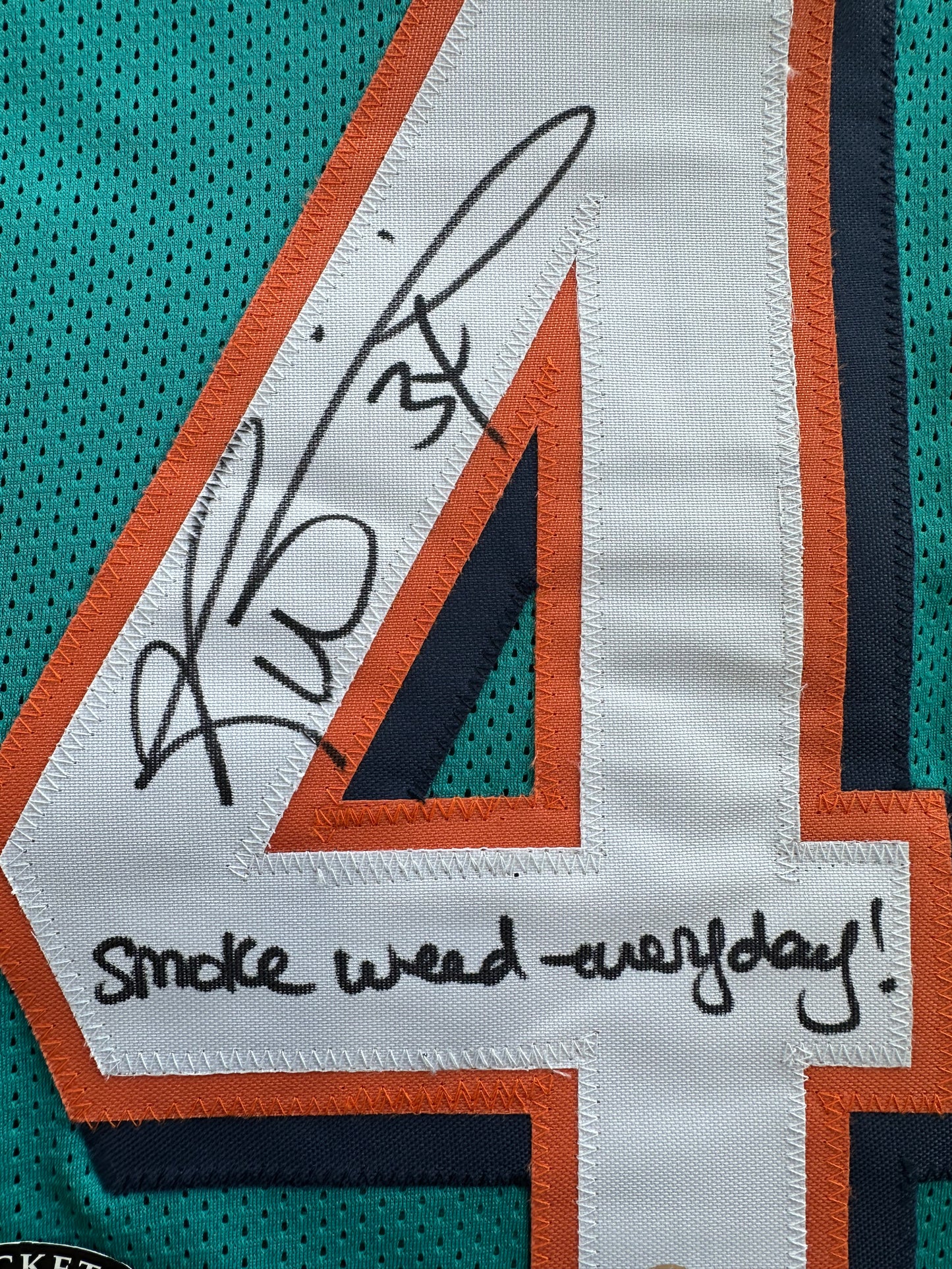 RICKY WILLIAMS SIGNED TEAL FOOTBALL JERSEY Miami Dolphins w/"Smoke Weed Everyday" BAS