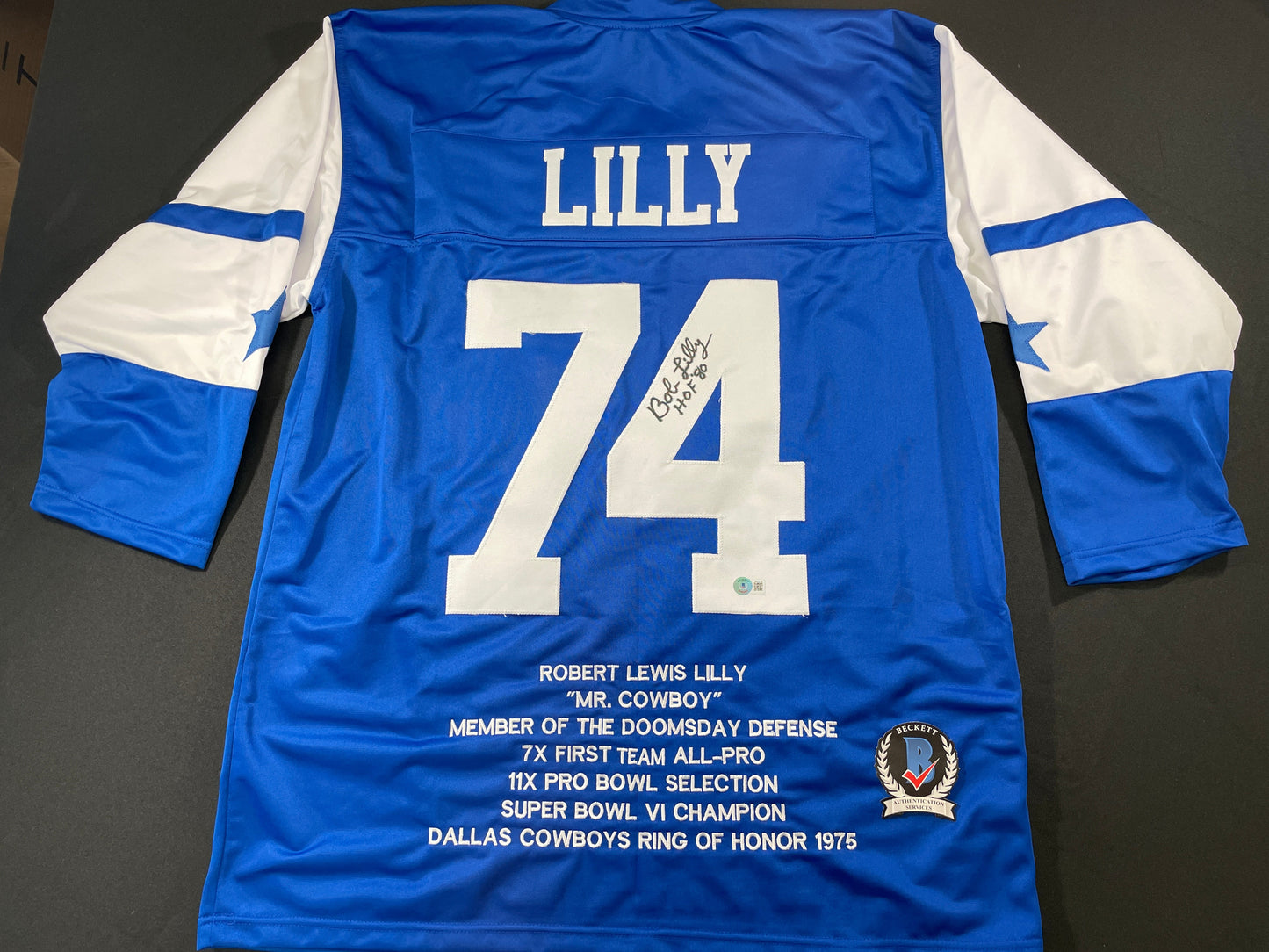 BOB LILLY DALLAS COWBOYS SIGNED SEWN THROWBACK FOOTBALL STAT JERSEY BGS