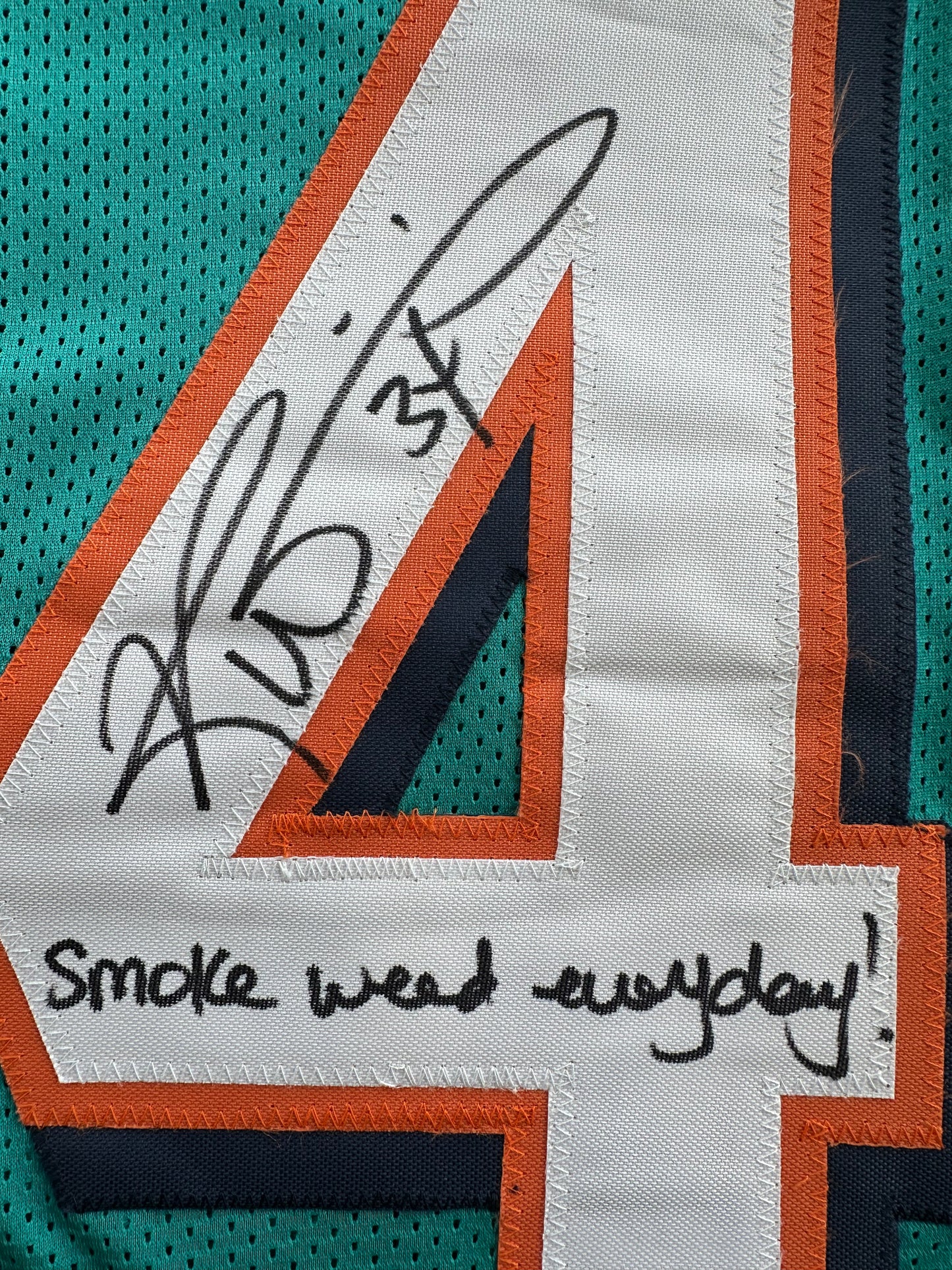 RICKY WILLIAMS SIGNED TEAL FOOTBALL JERSEY Miami Dolphins w/"Smoke Weed Everyday" BAS