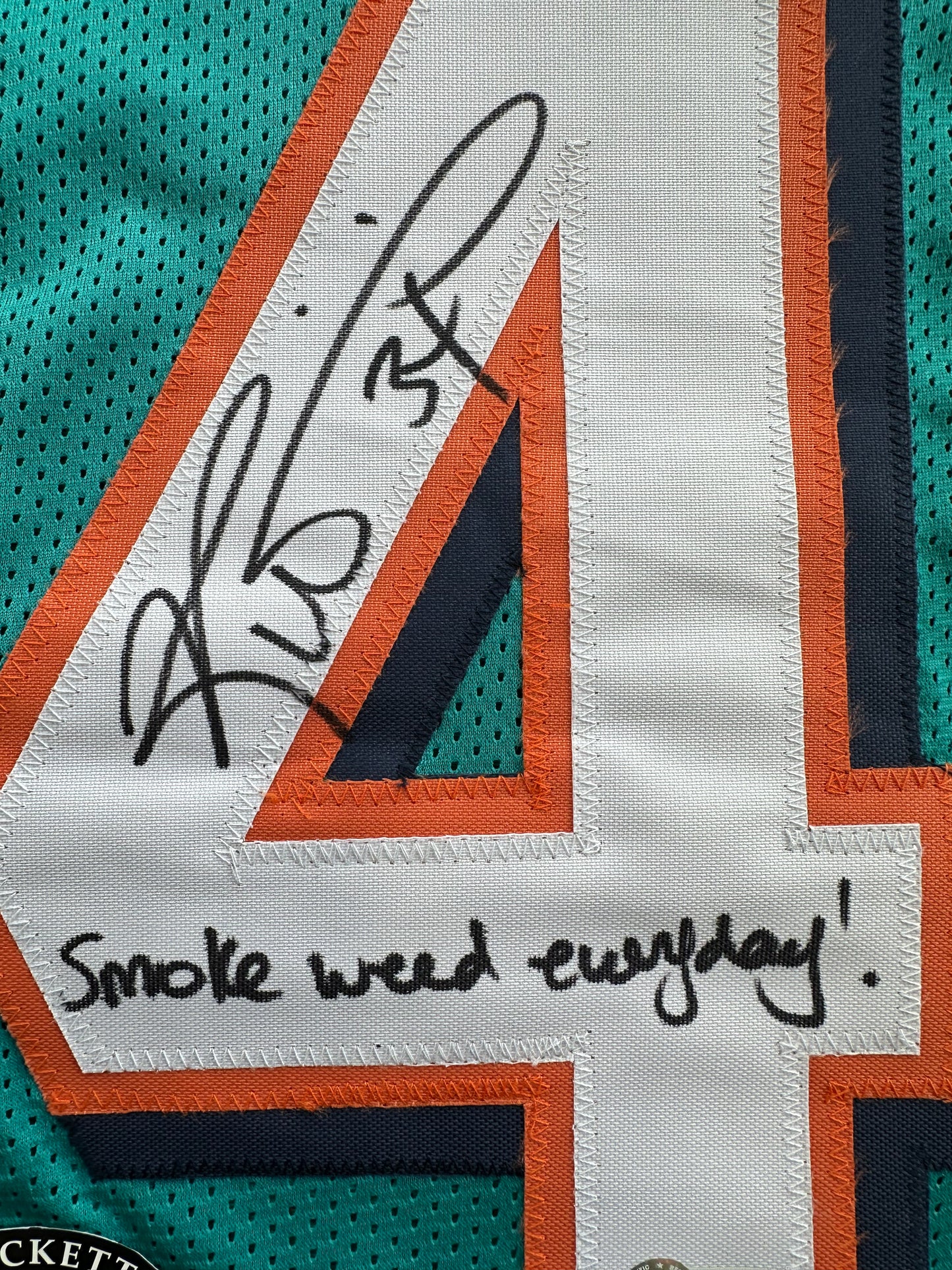 RICKY WILLIAMS SIGNED TEAL FOOTBALL JERSEY Miami Dolphins w/"Smoke Weed Everyday" BAS