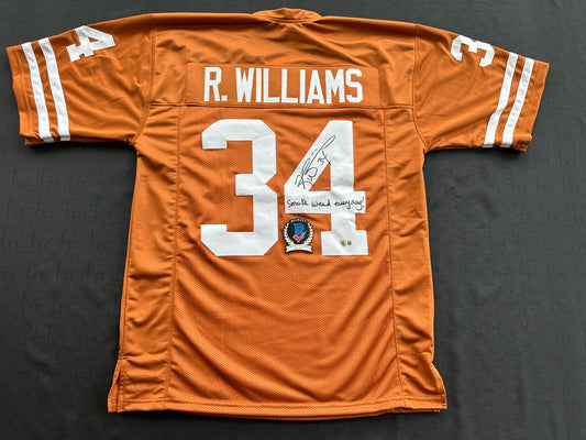 RICKY WILLIAMS SIGNED ORANGE FOOTBALL JERSEY Longhorns w/"Smoke Weed Everyday" BAS