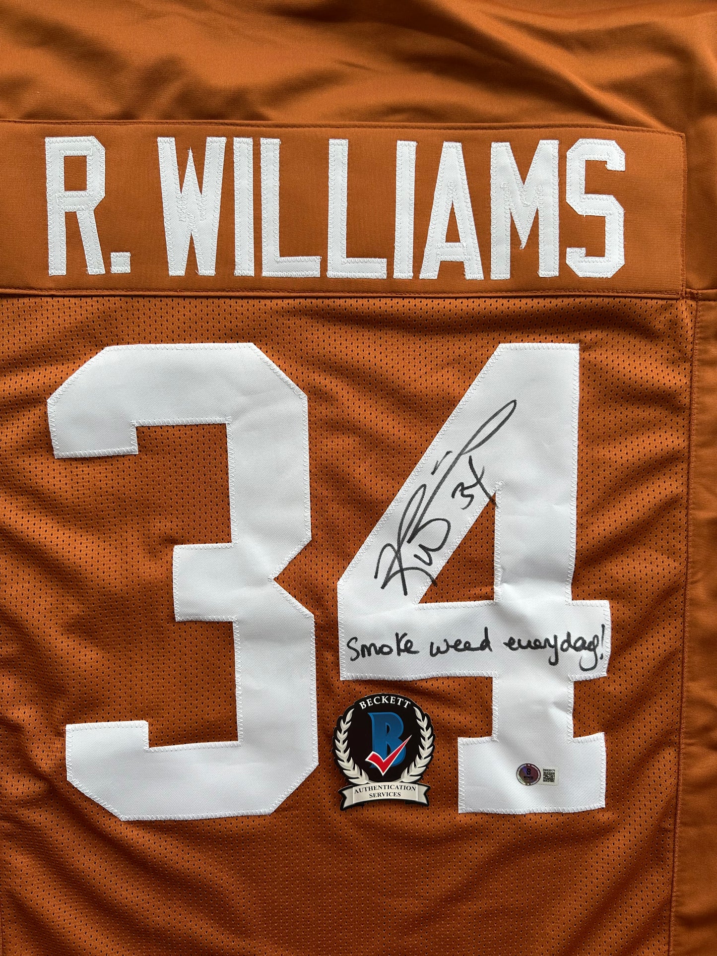 RICKY WILLIAMS SIGNED ORANGE FOOTBALL JERSEY Longhorns w/"Smoke Weed Everyday" BAS