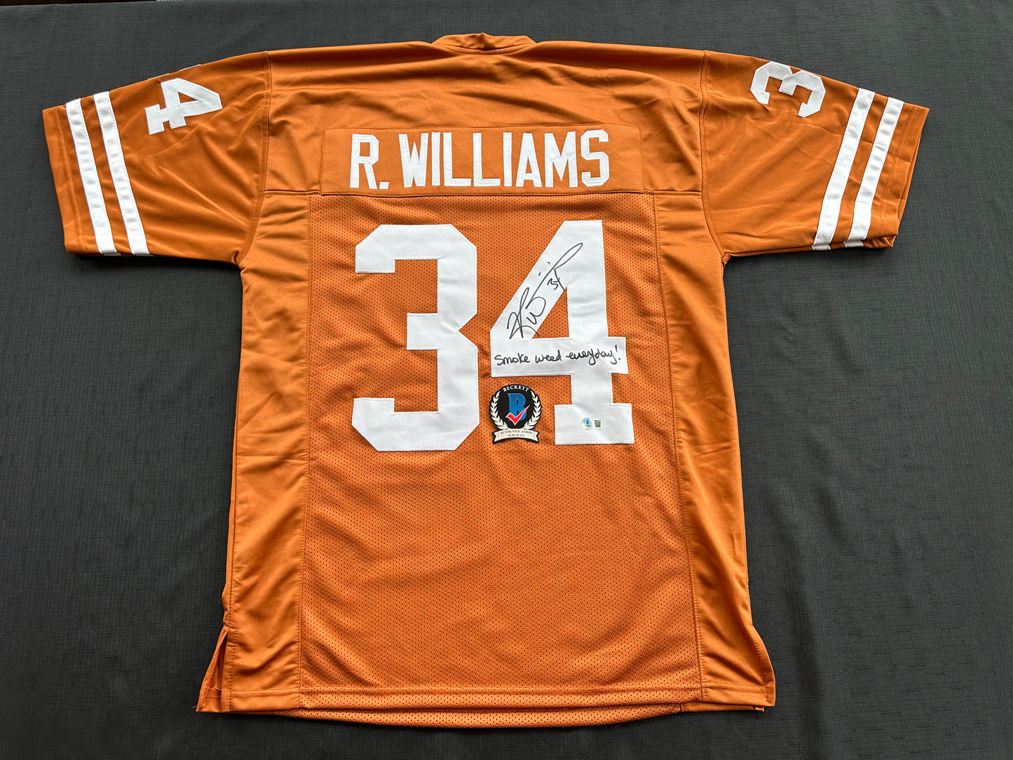 RICKY WILLIAMS SIGNED ORANGE FOOTBALL JERSEY Longhorns w/"Smoke Weed Everyday" BAS