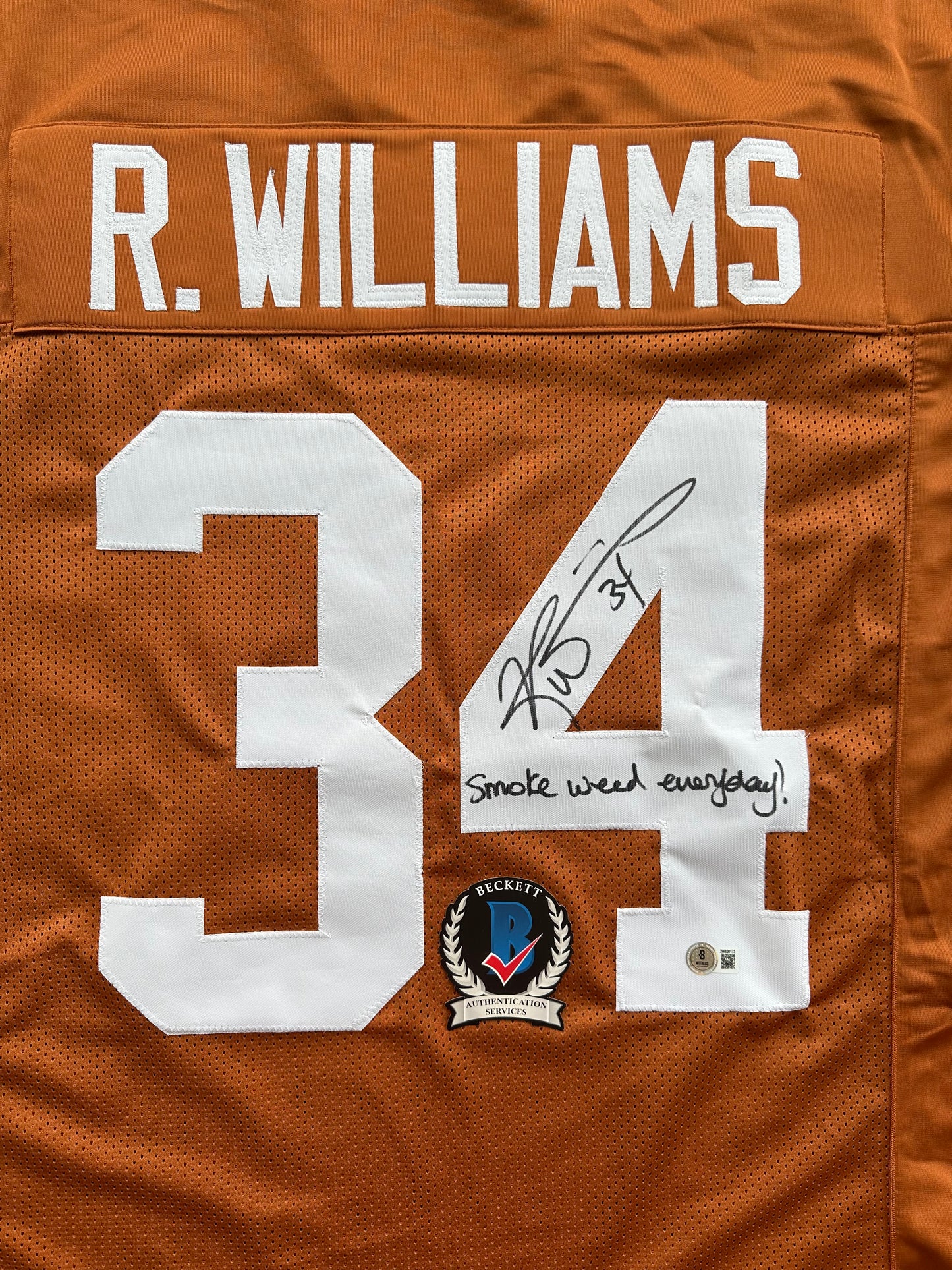 RICKY WILLIAMS SIGNED ORANGE FOOTBALL JERSEY Longhorns w/"Smoke Weed Everyday" BAS