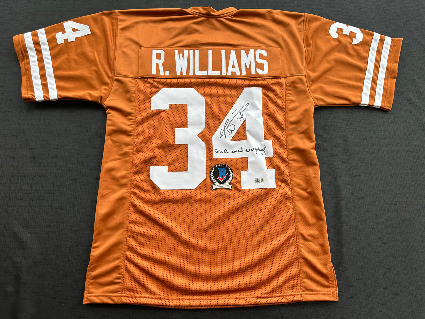 RICKY WILLIAMS SIGNED ORANGE FOOTBALL JERSEY Longhorns w/"Smoke Weed Everyday" BAS