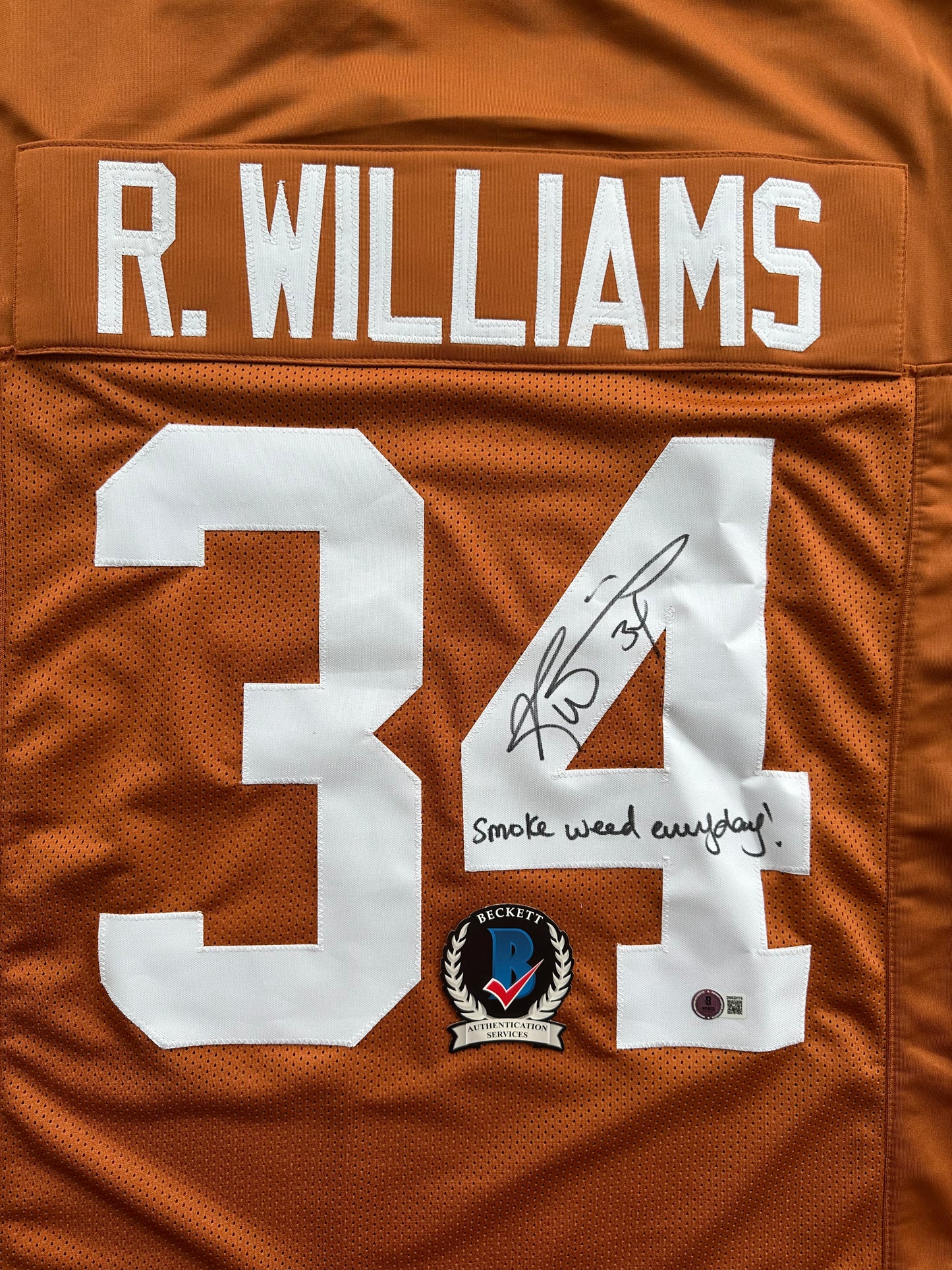 RICKY WILLIAMS SIGNED ORANGE FOOTBALL JERSEY Longhorns w/"Smoke Weed Everyday" BAS