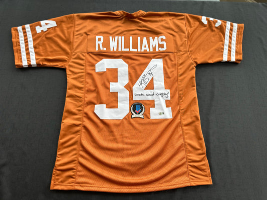RICKY WILLIAMS SIGNED ORANGE FOOTBALL JERSEY Longhorns w/"Smoke Weed Everyday" BAS