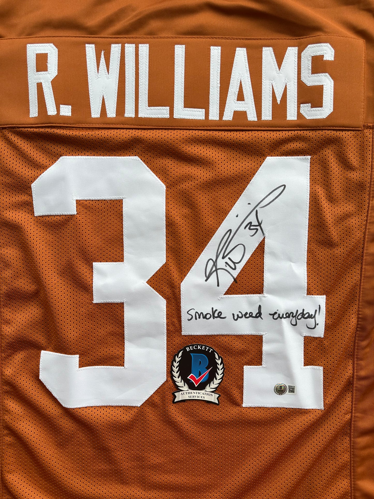 RICKY WILLIAMS SIGNED ORANGE FOOTBALL JERSEY Longhorns w/"Smoke Weed Everyday" BAS