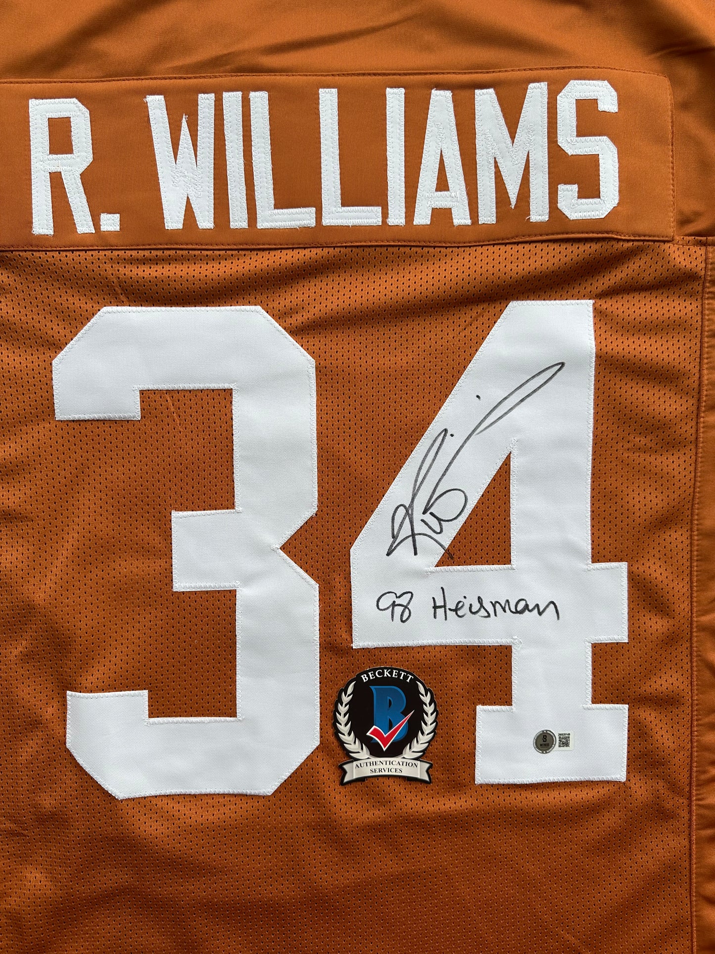 RICKY WILLIAMS SIGNED ORANGE FOOTBALL JERSEY Texas Longhorns w/"98 Heisman"BAS