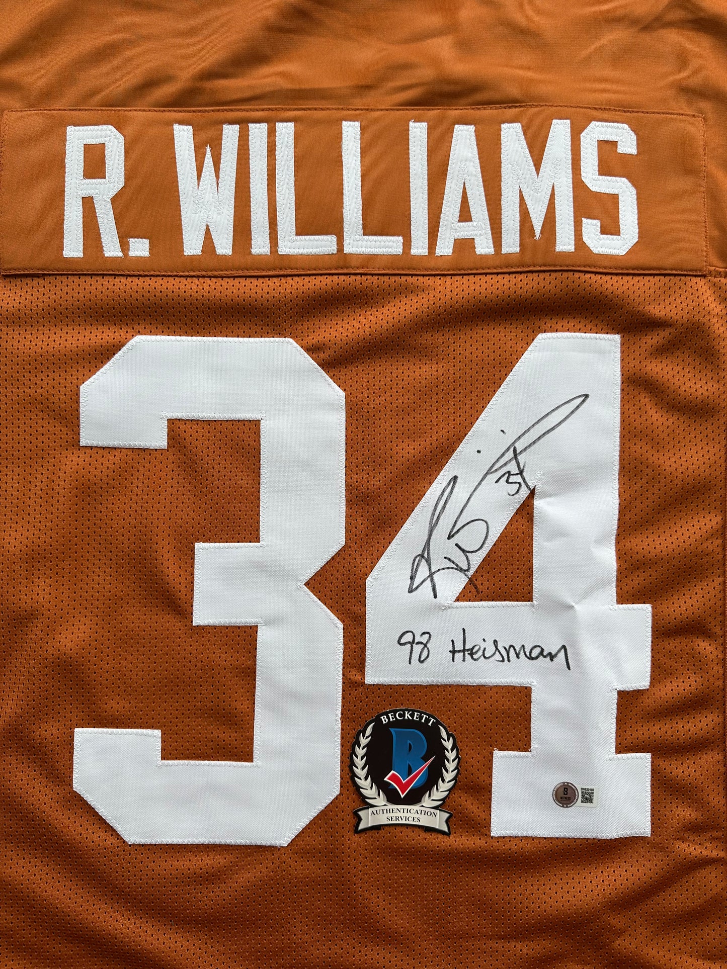 RICKY WILLIAMS SIGNED ORANGE FOOTBALL JERSEY Texas Longhorns w/"98 Heisman"BAS