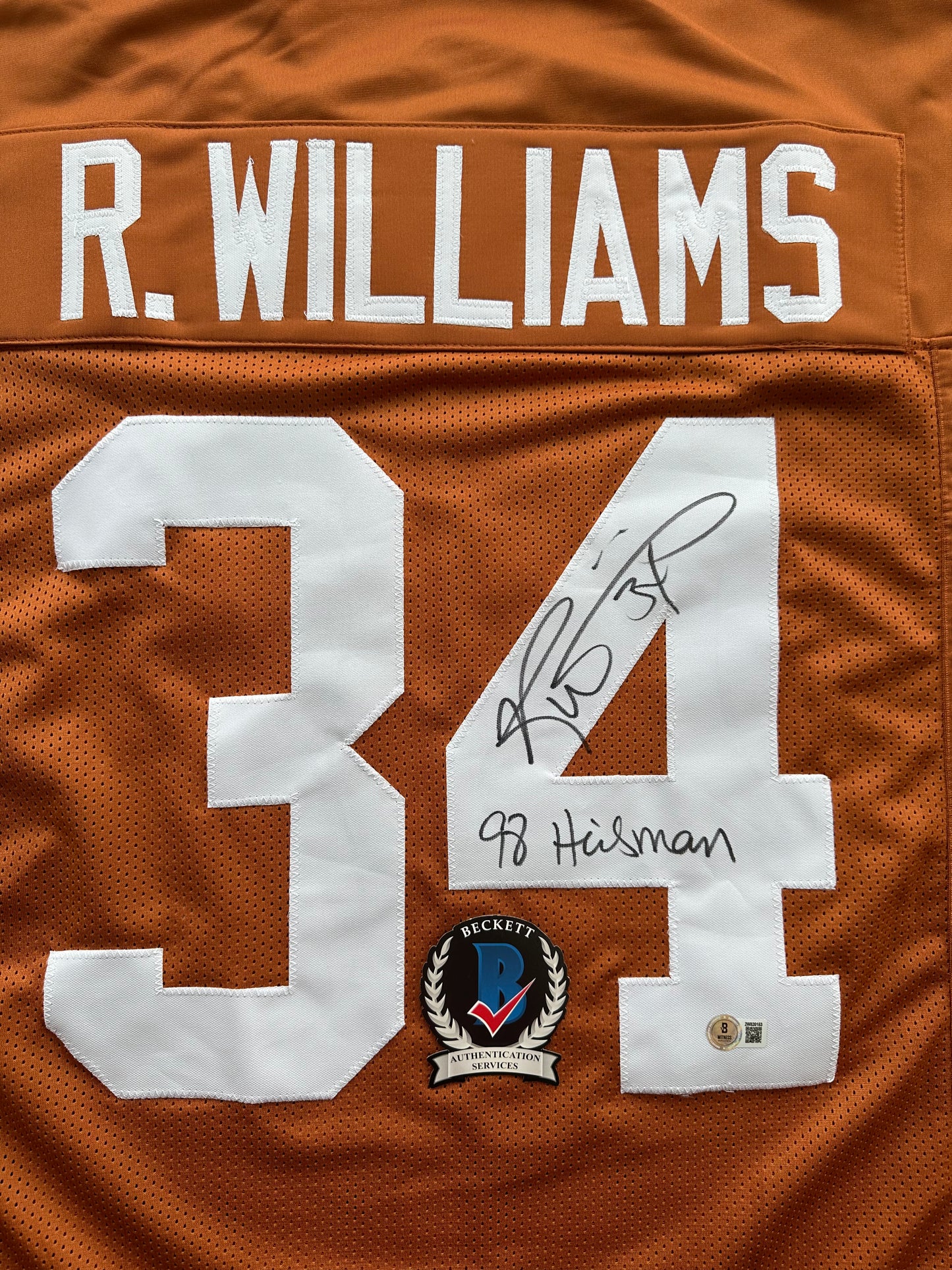 RICKY WILLIAMS SIGNED ORANGE FOOTBALL JERSEY Texas Longhorns w/"98 Heisman"BAS