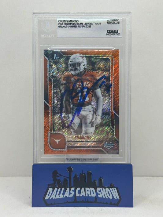 2025 Bowman Chrome U #122 Colin Simmons Orange Shimmer /25 BGS Auto 10