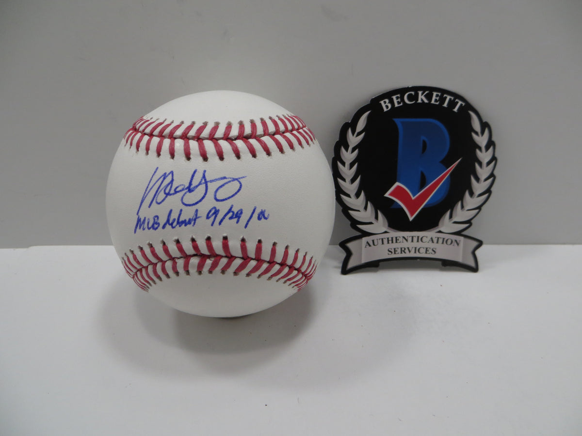 MICHAEL YOUNG SIGNED RAWLINGS OML BASEBALL w/DEBUT TEXAS RANGERS JSA