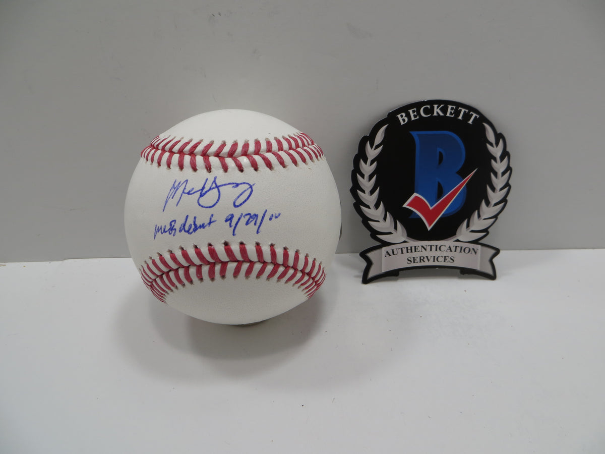 MICHAEL YOUNG SIGNED RAWLINGS OML BASEBALL w/DEBUT TEXAS RANGERS JSA
