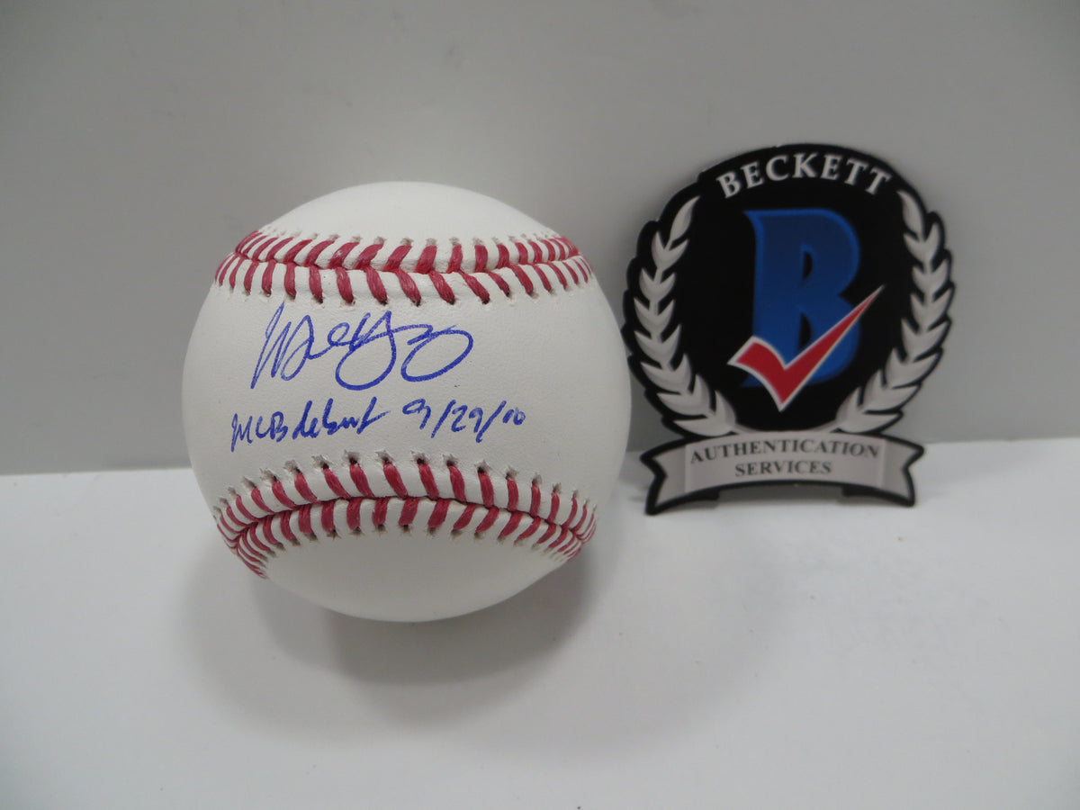 MICHAEL YOUNG SIGNED RAWLINGS OML BASEBALL w/DEBUT TEXAS RANGERS JSA