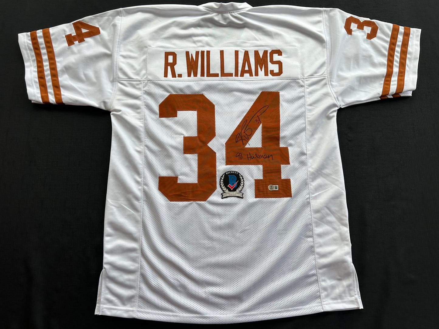 RICKY WILLIAMS SIGNED WHITE FOOTBALL JERSEY Texas Longhorns w/ "98 Heisman" BAS