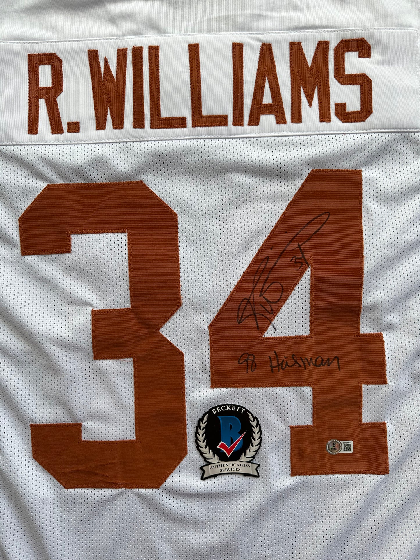 RICKY WILLIAMS SIGNED WHITE FOOTBALL JERSEY Texas Longhorns w/ "98 Heisman" BAS