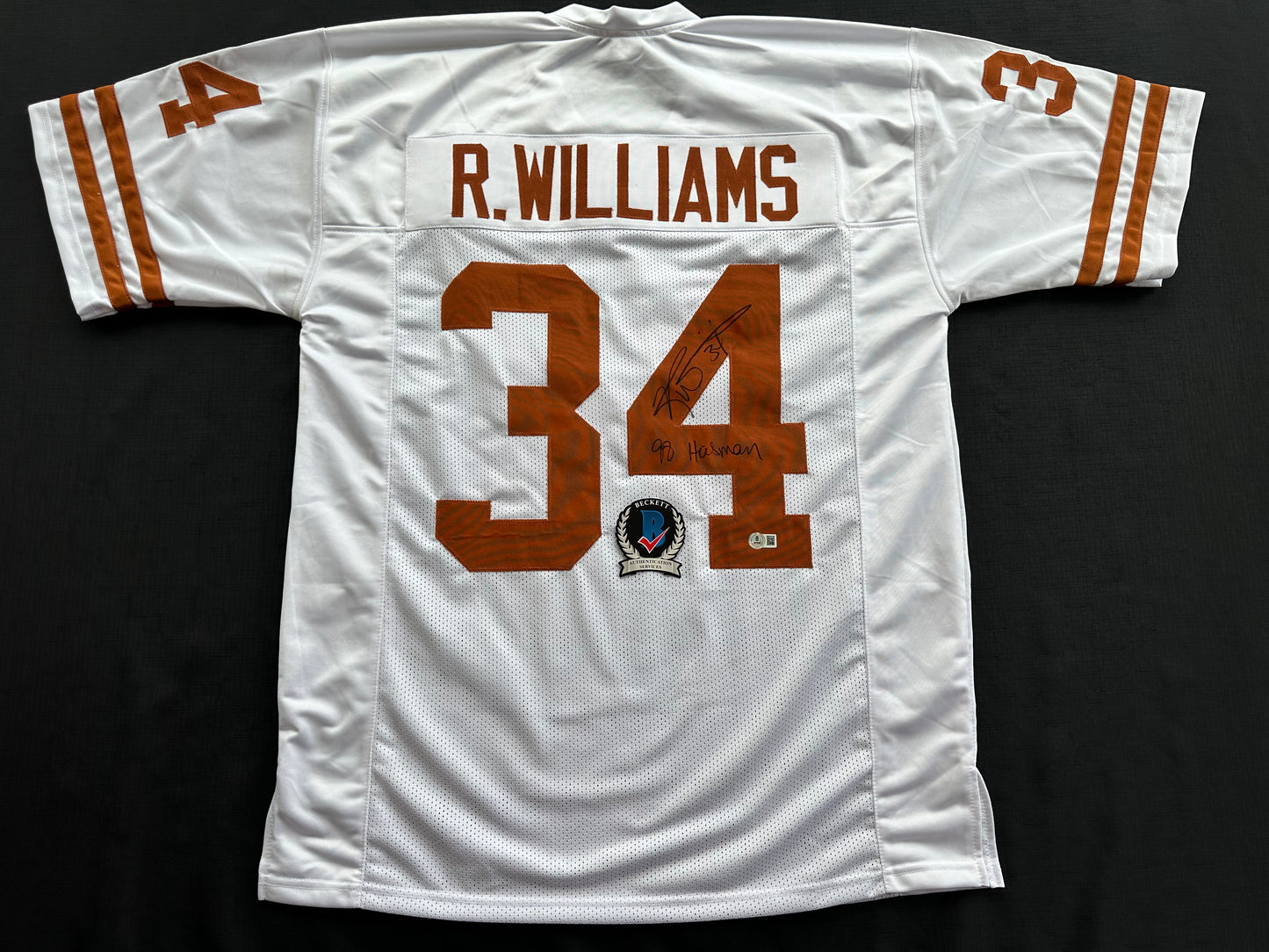 RICKY WILLIAMS SIGNED WHITE FOOTBALL JERSEY Texas Longhorns w/ "98 Heisman" BAS