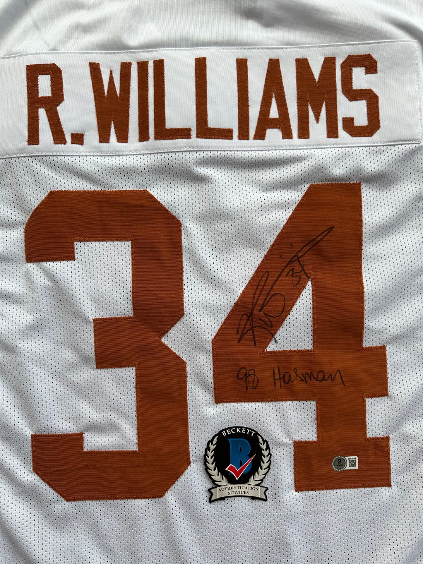 RICKY WILLIAMS SIGNED WHITE FOOTBALL JERSEY Texas Longhorns w/ "98 Heisman" BAS