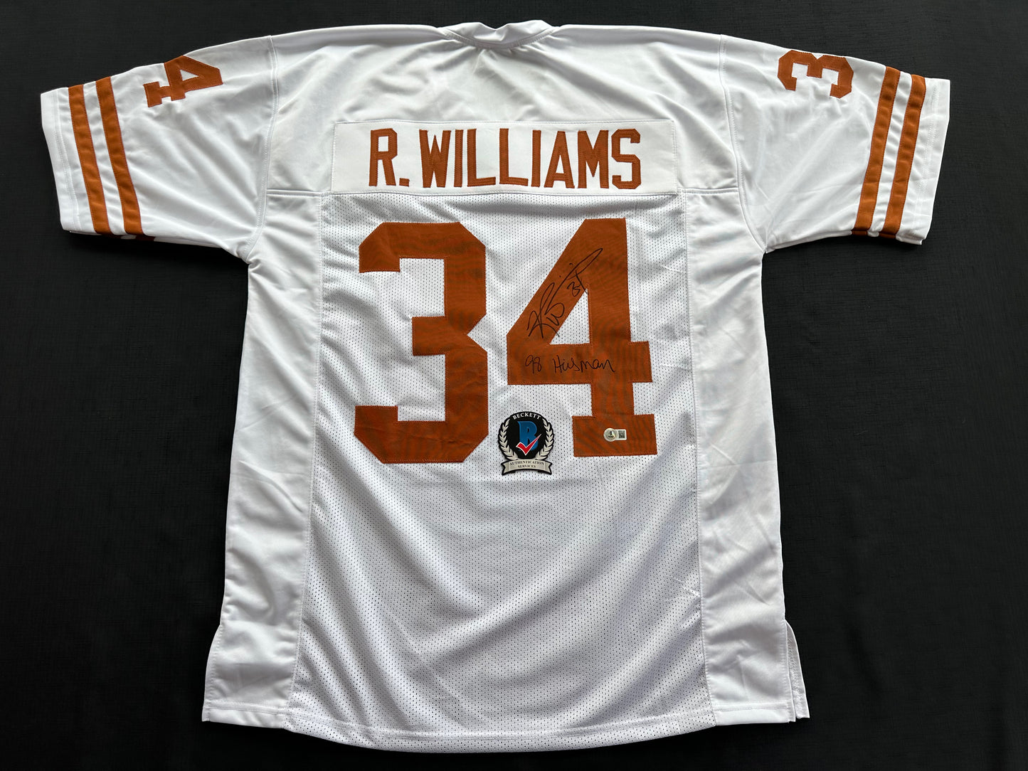 RICKY WILLIAMS SIGNED WHITE FOOTBALL JERSEY Texas Longhorns w/ "98 Heisman" BAS