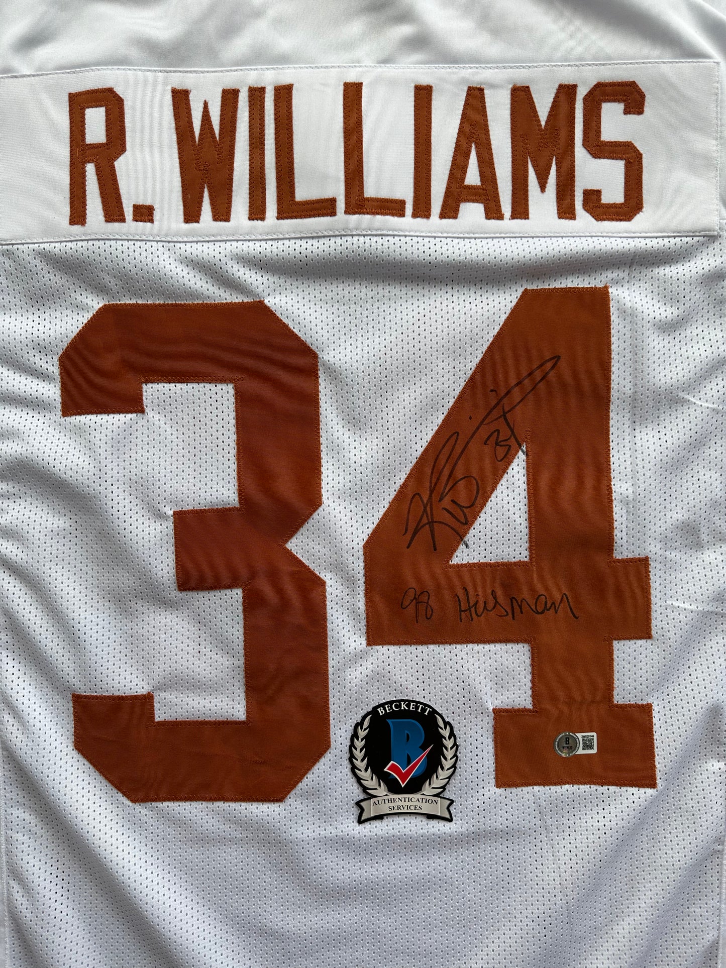 RICKY WILLIAMS SIGNED WHITE FOOTBALL JERSEY Texas Longhorns w/ "98 Heisman" BAS