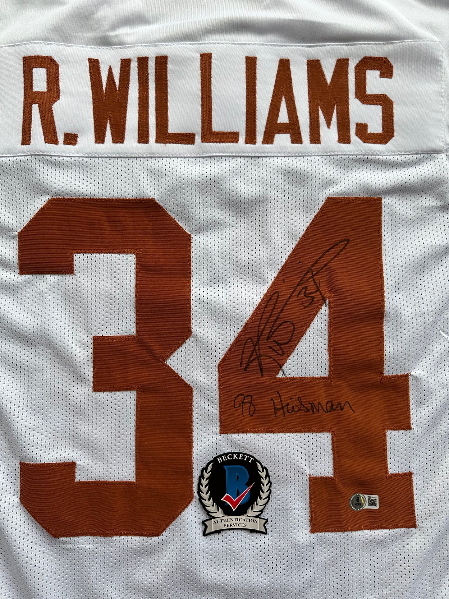 RICKY WILLIAMS SIGNED WHITE FOOTBALL JERSEY Texas Longhorns w/ "98 Heisman" BAS