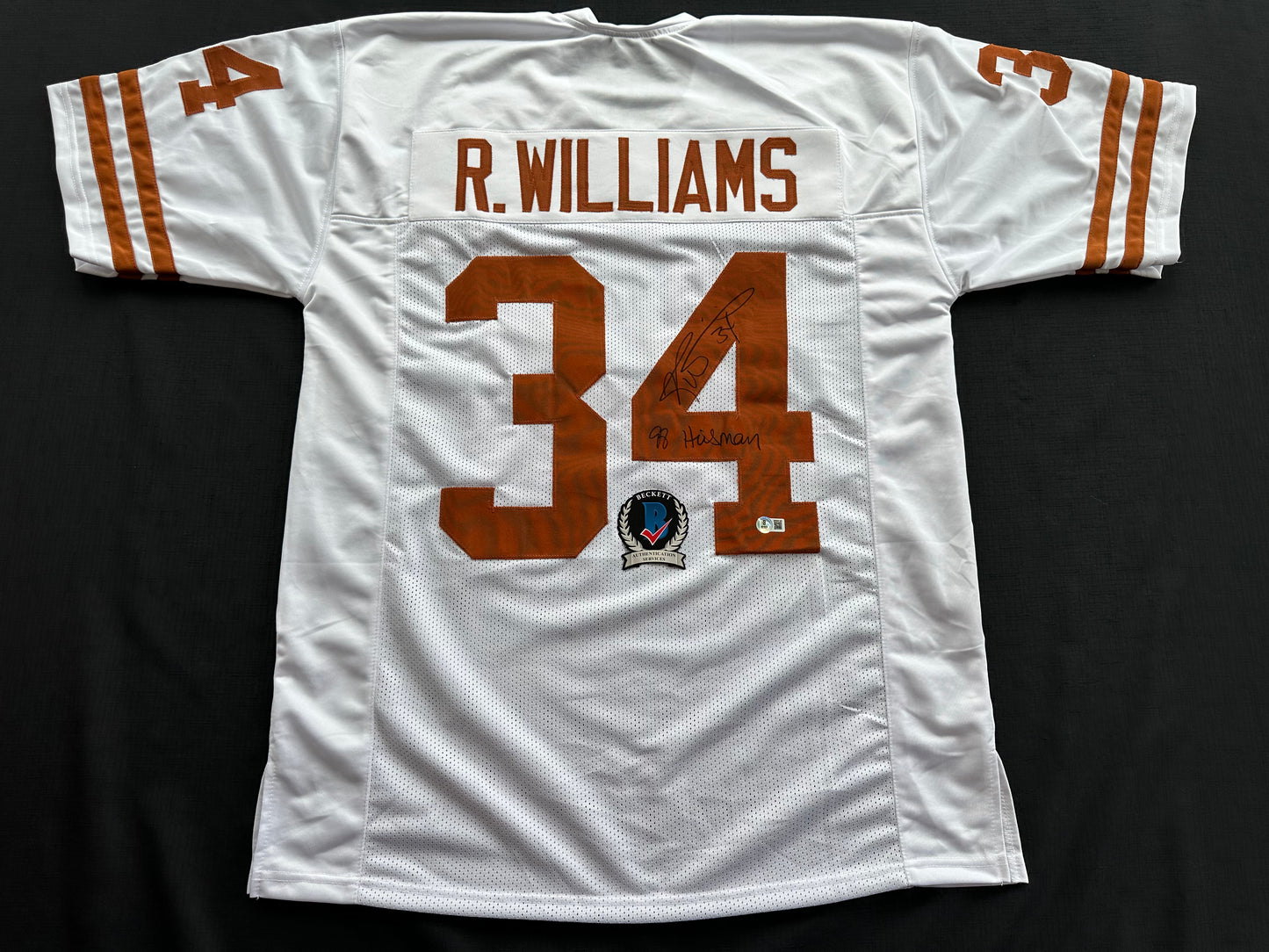RICKY WILLIAMS SIGNED WHITE FOOTBALL JERSEY Texas Longhorns w/ "98 Heisman" BAS