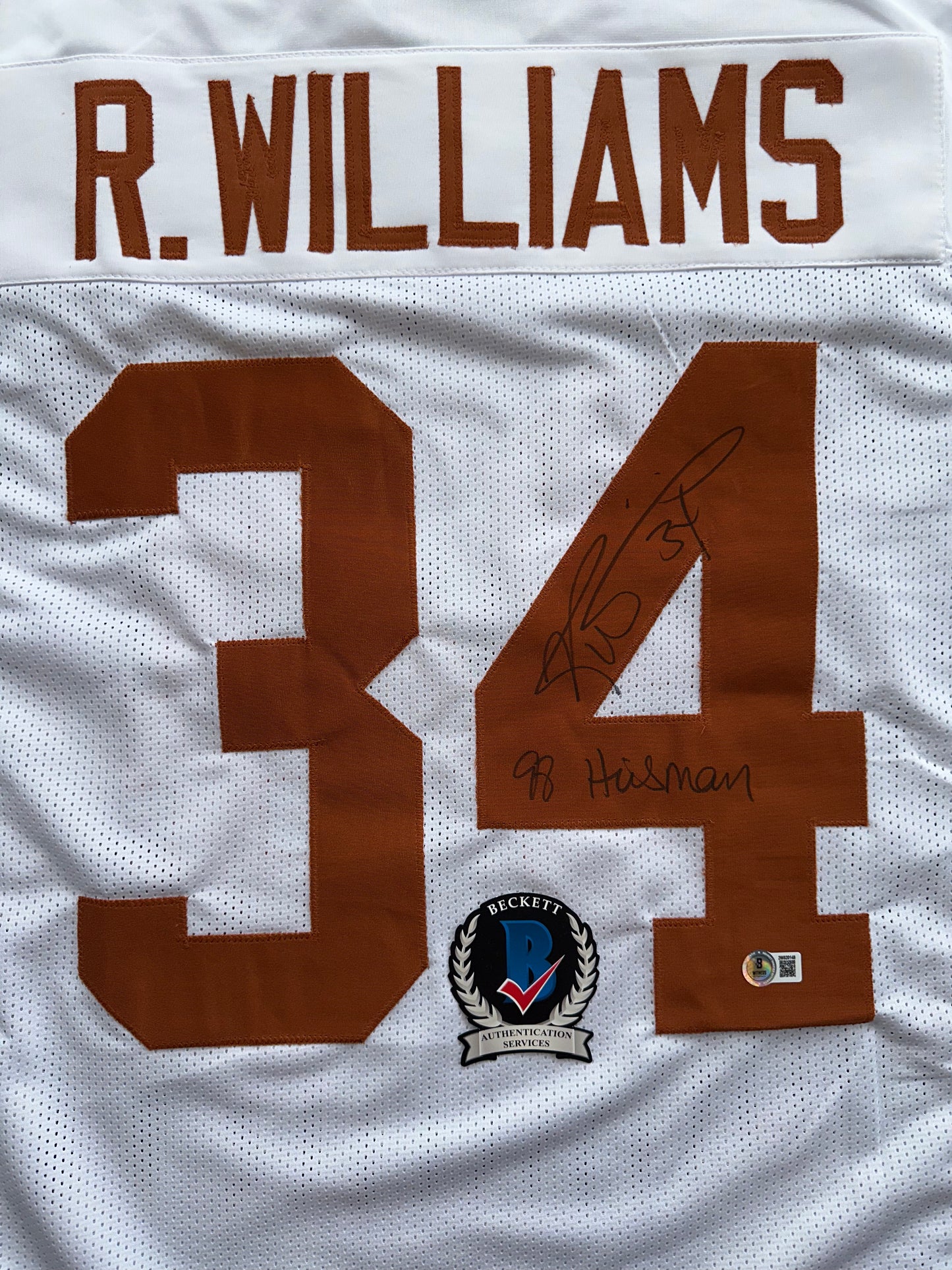 RICKY WILLIAMS SIGNED WHITE FOOTBALL JERSEY Texas Longhorns w/ "98 Heisman" BAS