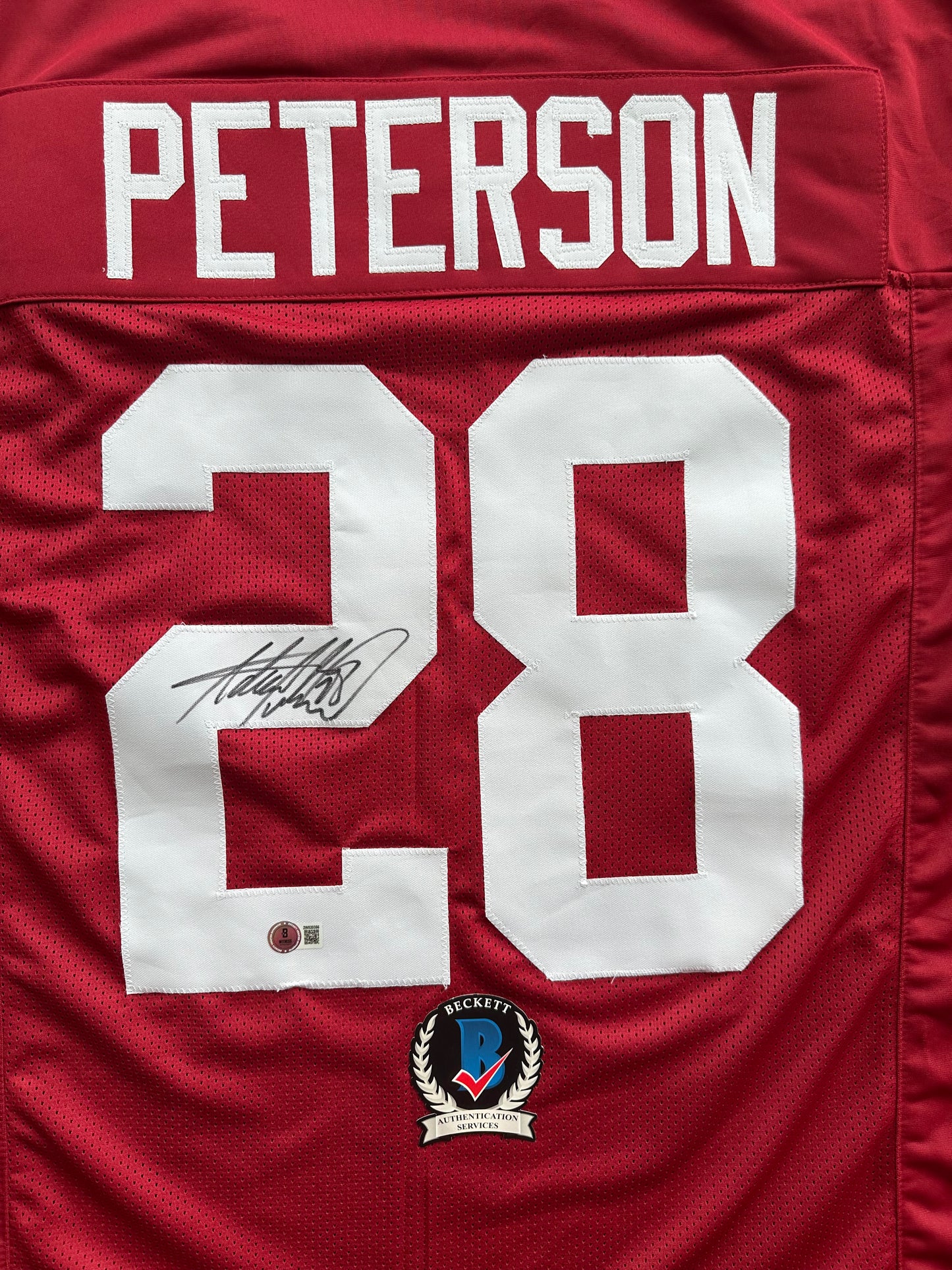 ADRIAN PETERSON SIGNED RED FOOTBALL JERSEY Oklahoma Sooners BAS COA