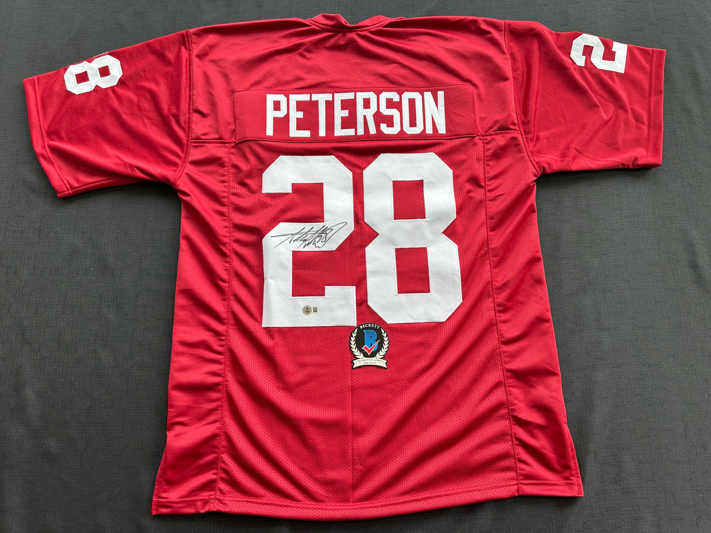 ADRIAN PETERSON SIGNED RED FOOTBALL JERSEY Oklahoma Sooners BAS COA