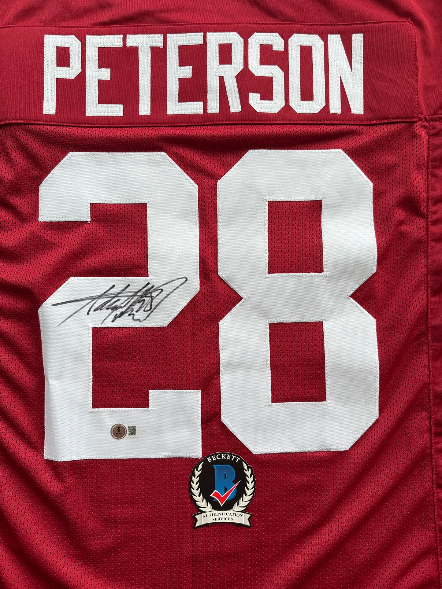 ADRIAN PETERSON SIGNED RED FOOTBALL JERSEY Oklahoma Sooners BAS COA