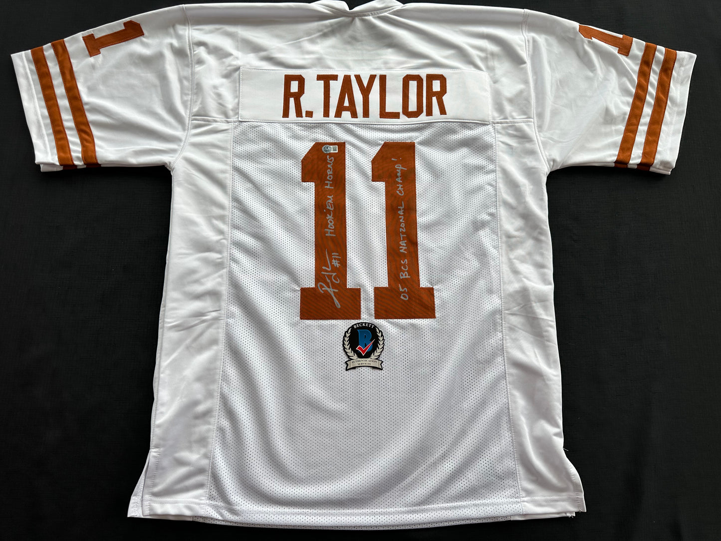 RAMONCE TAYLOR WHITE FOOTBALL JERSEY Longhorns w/ "05 BCS National Champ" BAS