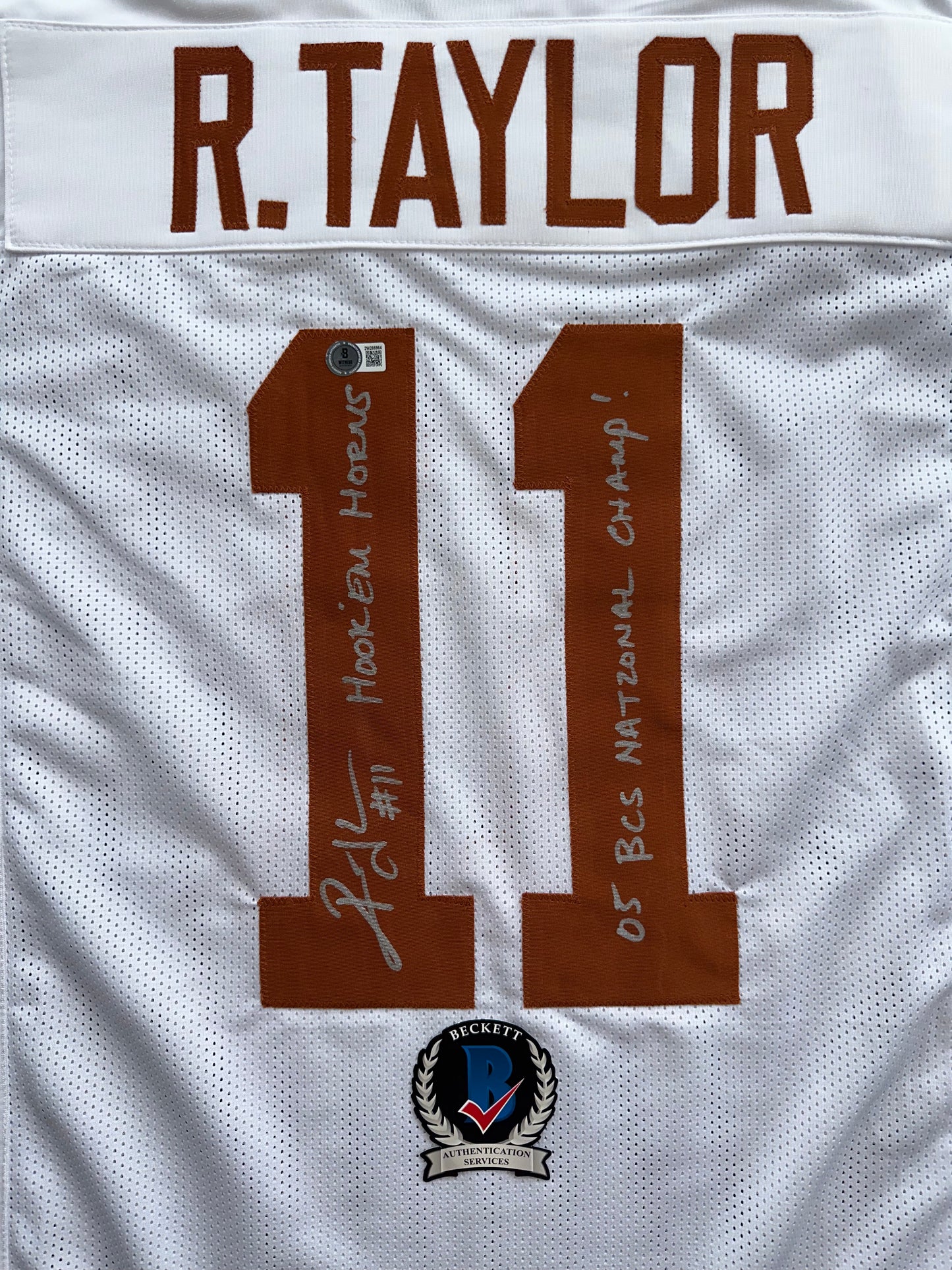 RAMONCE TAYLOR WHITE FOOTBALL JERSEY Longhorns w/ "05 BCS National Champ" BAS