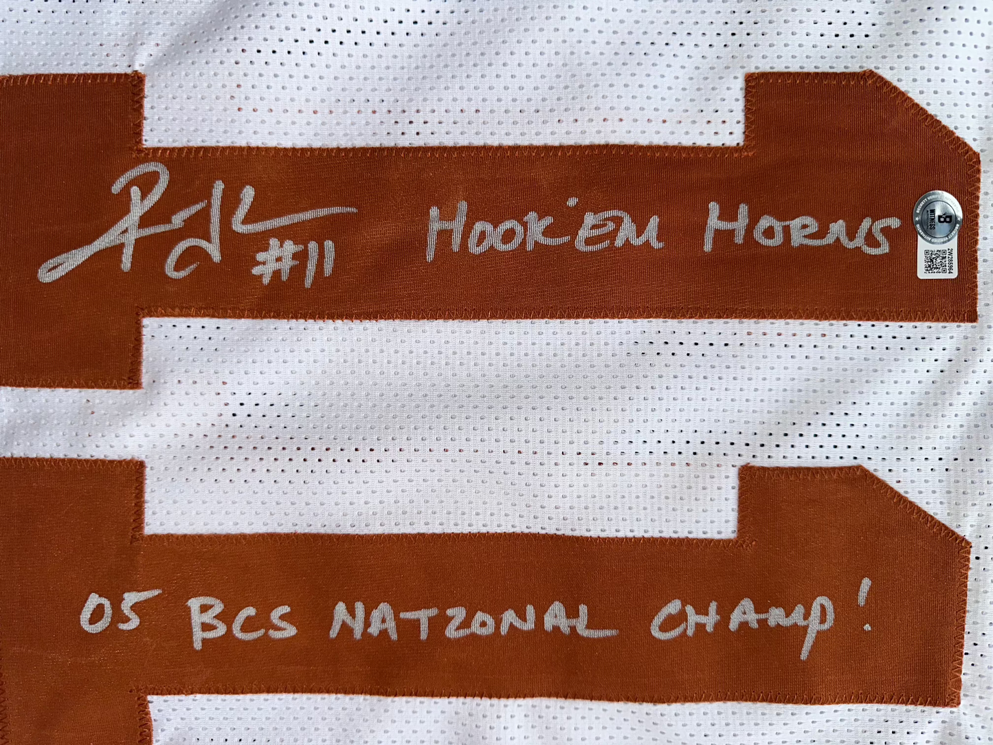 RAMONCE TAYLOR WHITE FOOTBALL JERSEY Longhorns w/ "05 BCS National Champ" BAS