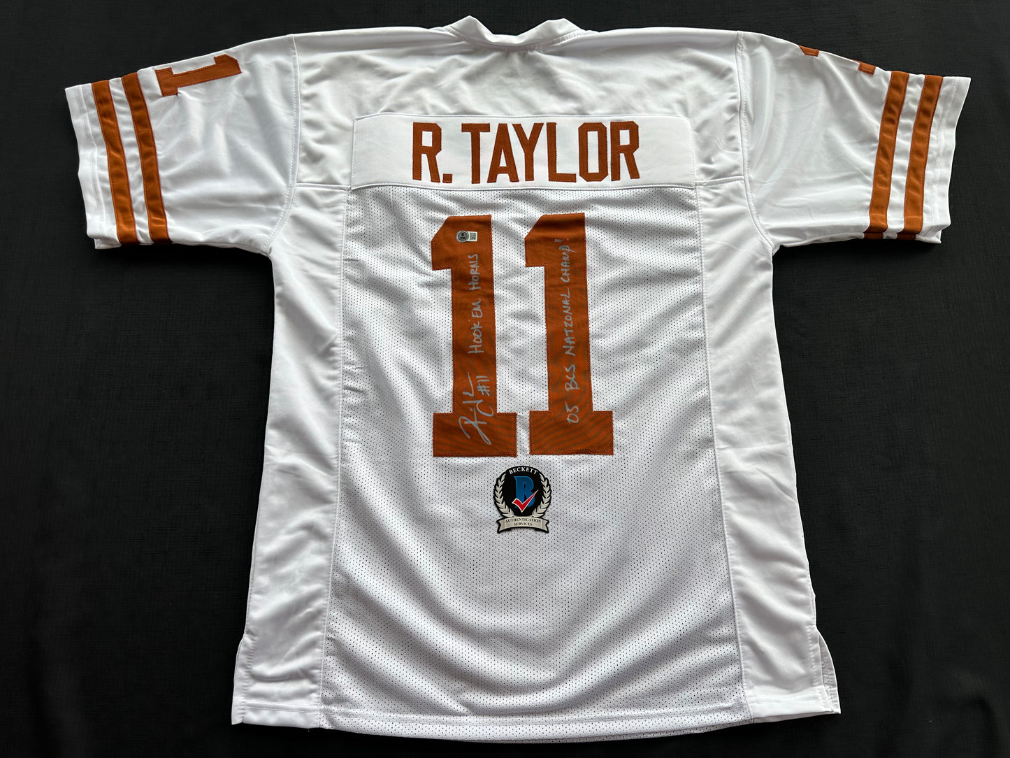 RAMONCE TAYLOR WHITE FOOTBALL JERSEY Longhorns w/ "05 BCS National Champ" BAS