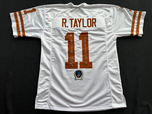 RAMONCE TAYLOR WHITE FOOTBALL JERSEY Longhorns w/ "05 BCS National Champ" BAS